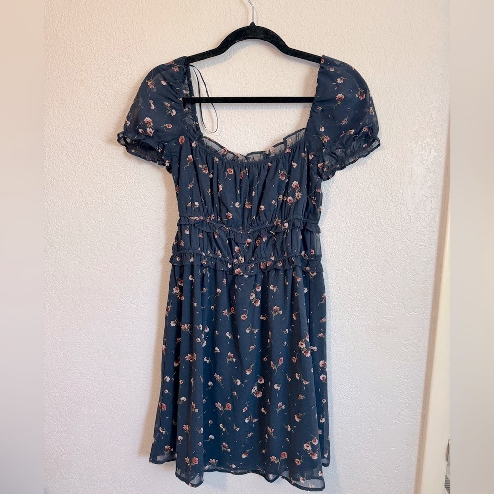 Altar'd State Navy Floral Ruched Puff Sleeve Mini Dress